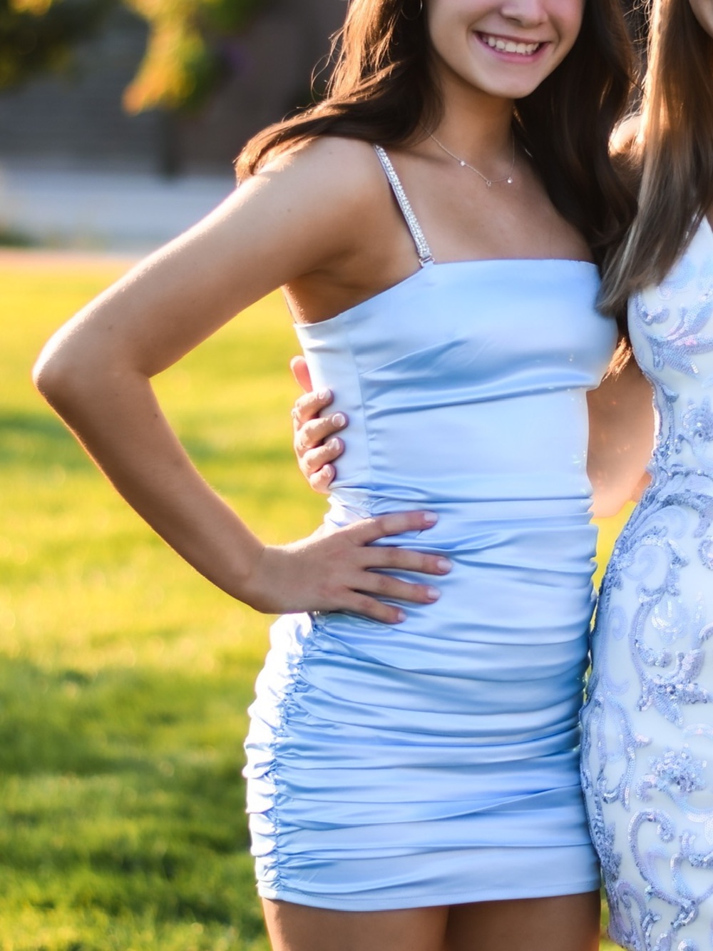 AKIRA Powder Blue Satin Ruched Mini Dress